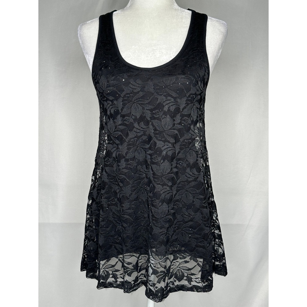 Vocal Black Floral Lace Glitter Tunic Tank Top Sleeveless Scoop Neck Y2K Small